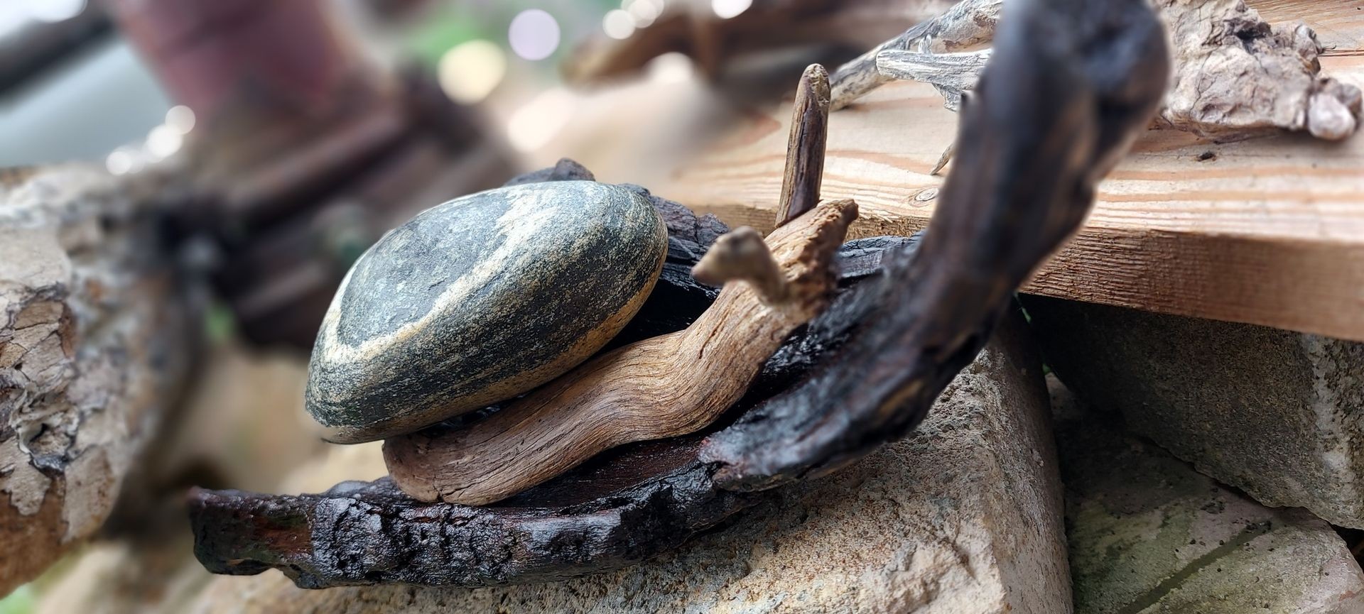 Close-up of a smooth stone placed on twisted, dry wood against a blurred natural background.